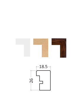 Technical diagram and color samples of a wood picture frame profile with dimensions 18.5mm width and 26mm height