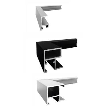 Aluminum frame corner profiles in silver, black, and white finishes.