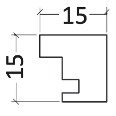 Technical drawing showing a 15x15 mm profile with notched dimensions