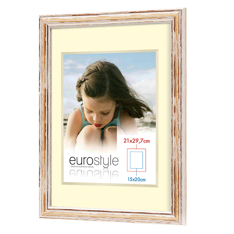 European Pine Wood Frame 6306 in white stained color, size 21x29,7 cm, with marketing inlay. Picture frame producer Debex Suisse AG.