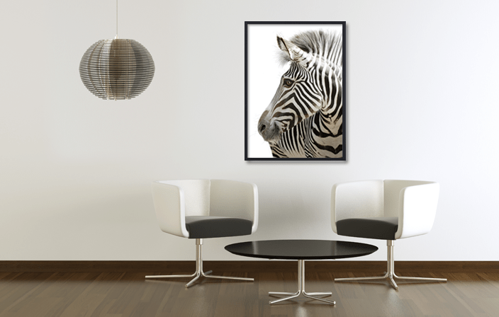 Aluminium Poster Frame in black matt color, with poster of zebra, placed in light colours interior. Picture frame producer Debex Suisse.