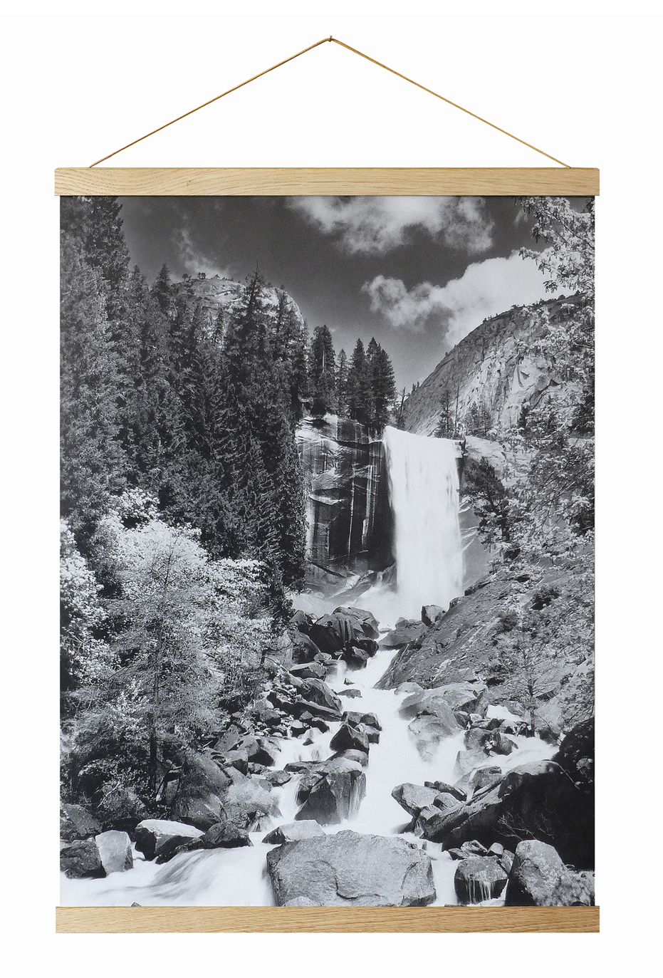 Oak wood Magnetic Poster Holder with poster of a mountain land with waterfall. Picture frame producer Debex Suisse.
