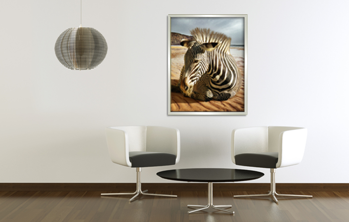 Aluminium Poster Frame sideloader in shiny silver color, with poster of Zebra in savannah, placed in interior. Picture frame producer Debex Suisse.