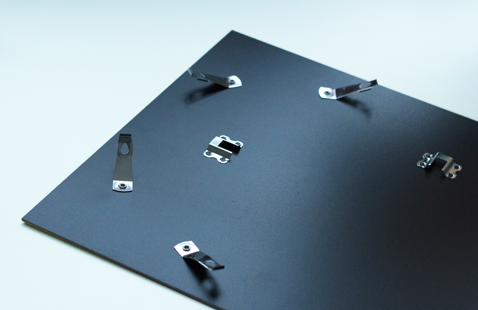 MDF Back black, with turning clips for aluminium/plastic frames - detail