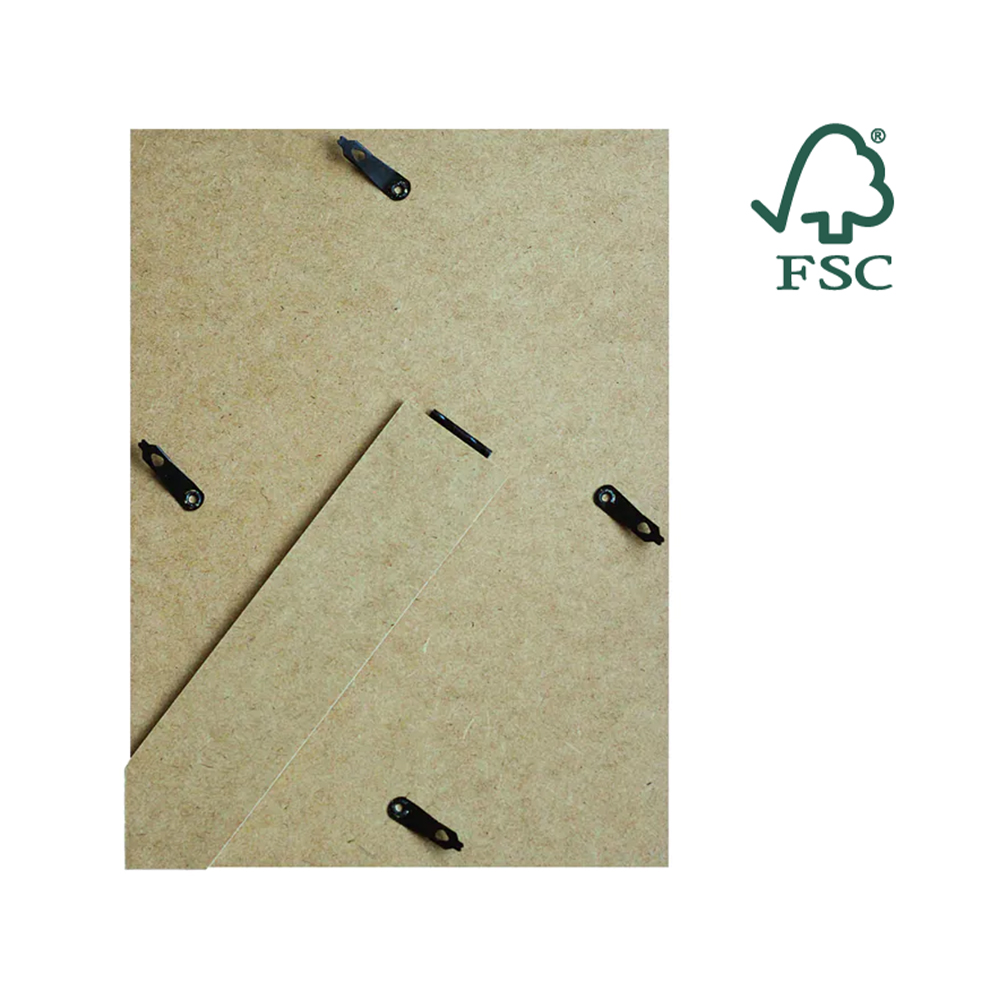 Back of an FSC certified MDF picture frame with swivel clips and stand