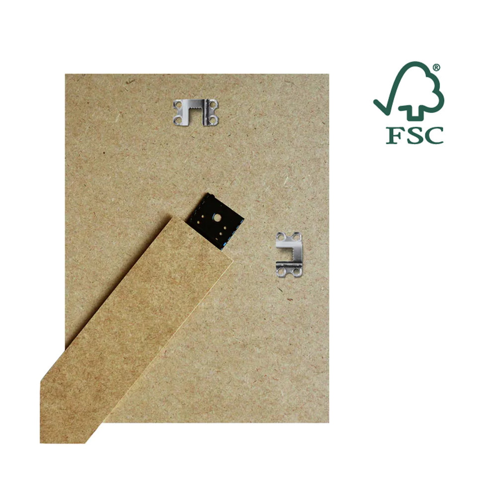 Back of an FSC certified picture frame with hanging hardware and stand