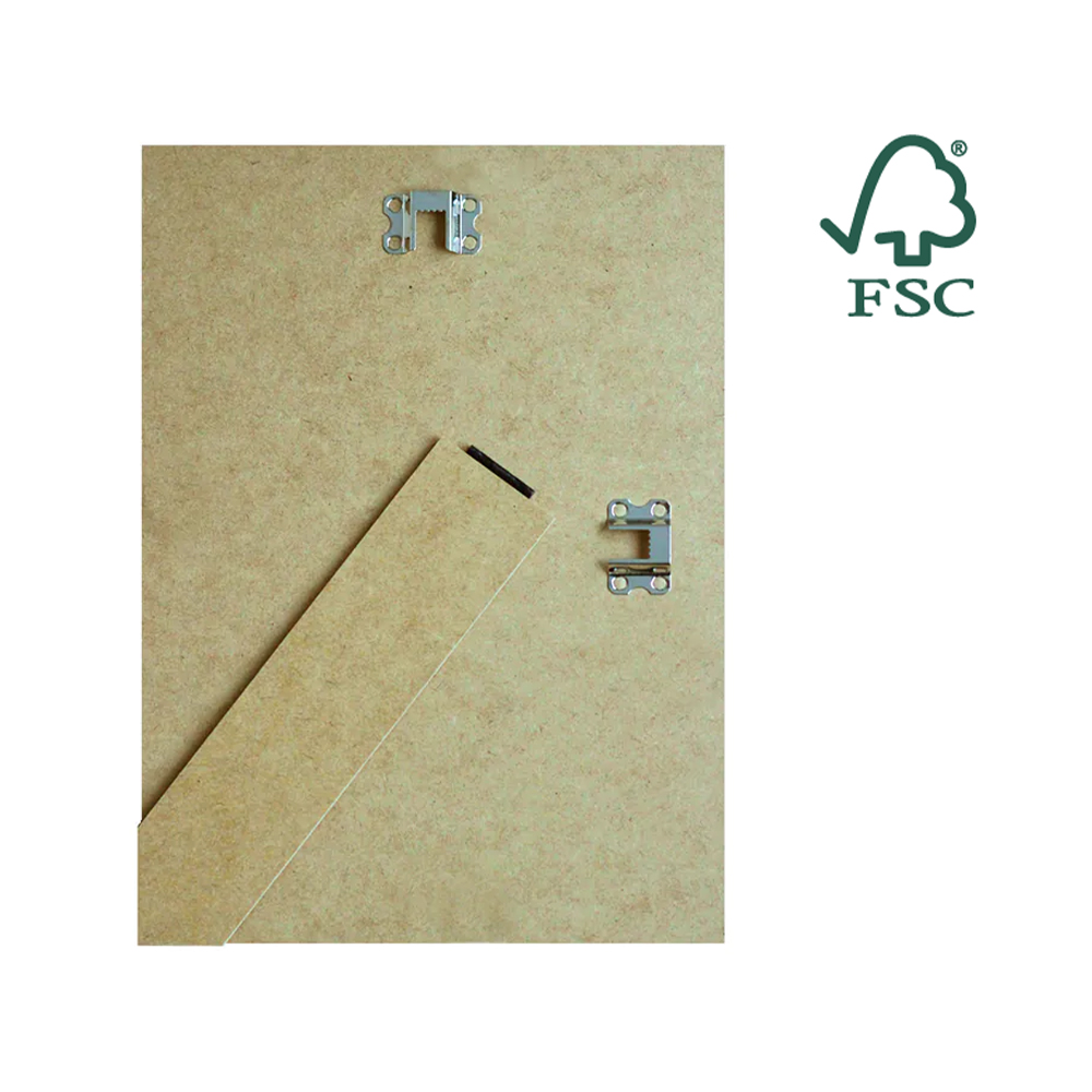 Back of an MDF picture frame showing saw tooth hangers, stand, and FSC logo