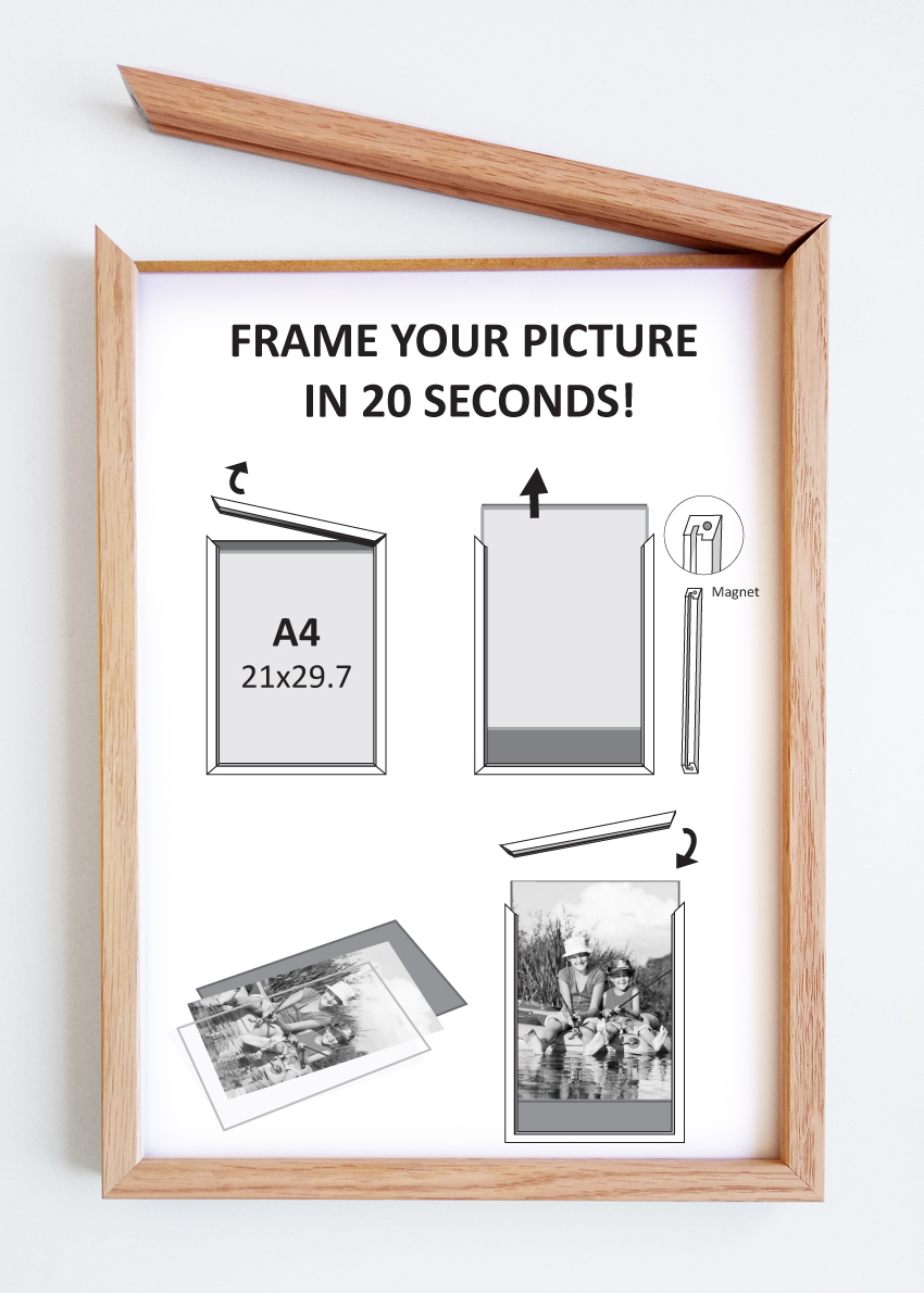 Oak wood magnetic frame with instruction marketing inlay, illustration of detaching the magnetic side of the frame. Picture frame producer Debex Suissse.
