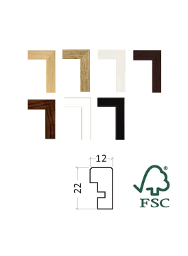 Selection of FSC certified wooden picture frame mouldings in various colors and dimensions