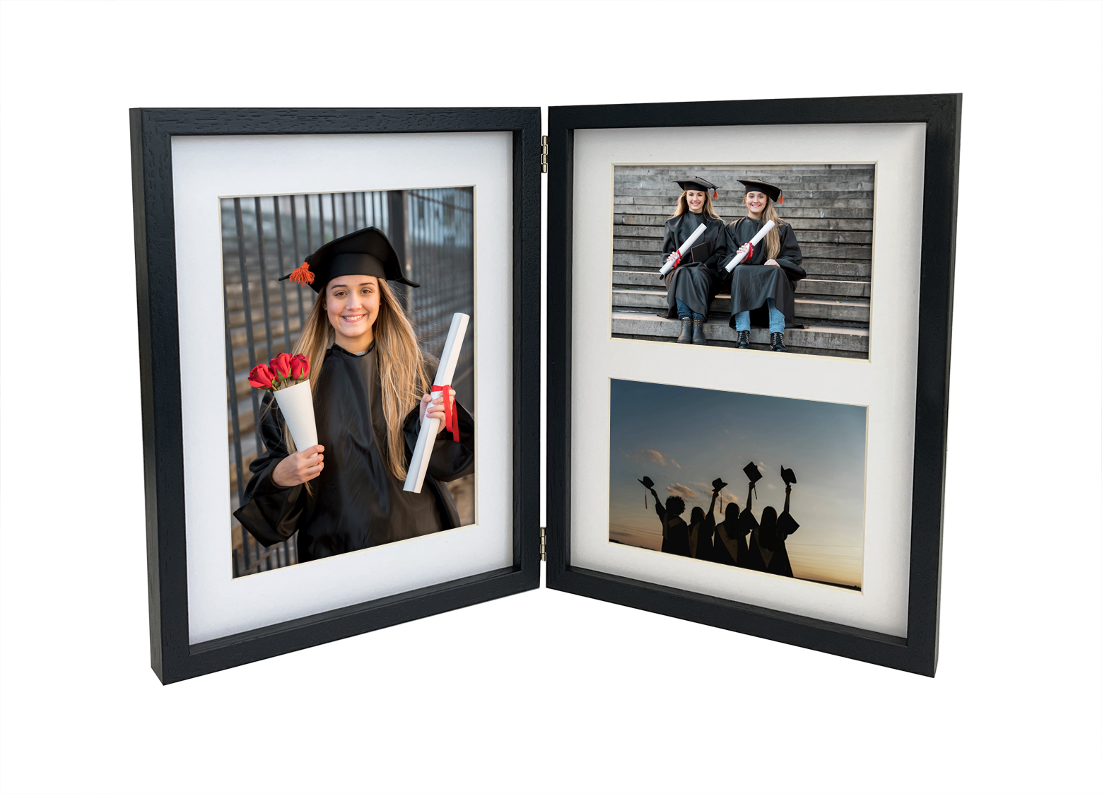 Wooden Double Frames with multiaperture matboards, elegant thin black frames for graduation photos.
