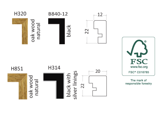 Profiles for Nordic wood frames, also perfect for double photo frames. Profile drawing and colour selection