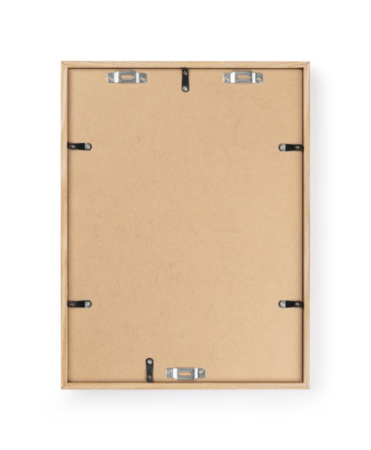 Back of an oak wood picture frame showing metal hanging clips and MDF backing board