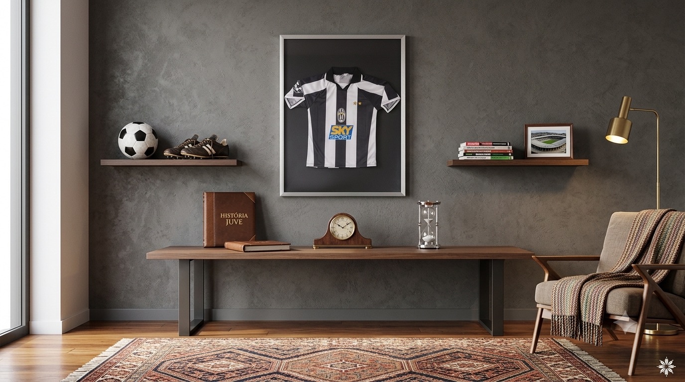 Framed Juventus soccer jersey on a grey wall in a modern living room with sports memorabilia.